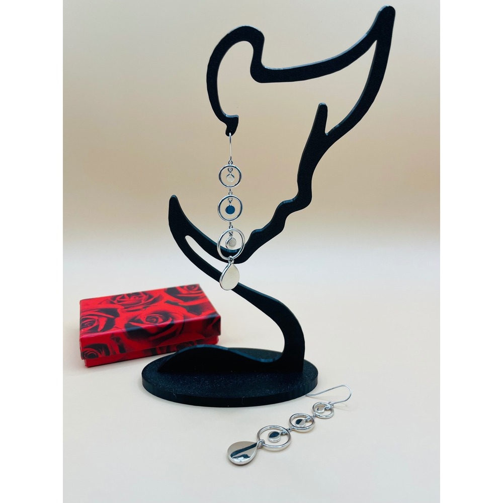 Elle 925 Sterling Silver Geometric Circle Teardrop Long Drop Earrings Ruby Inset